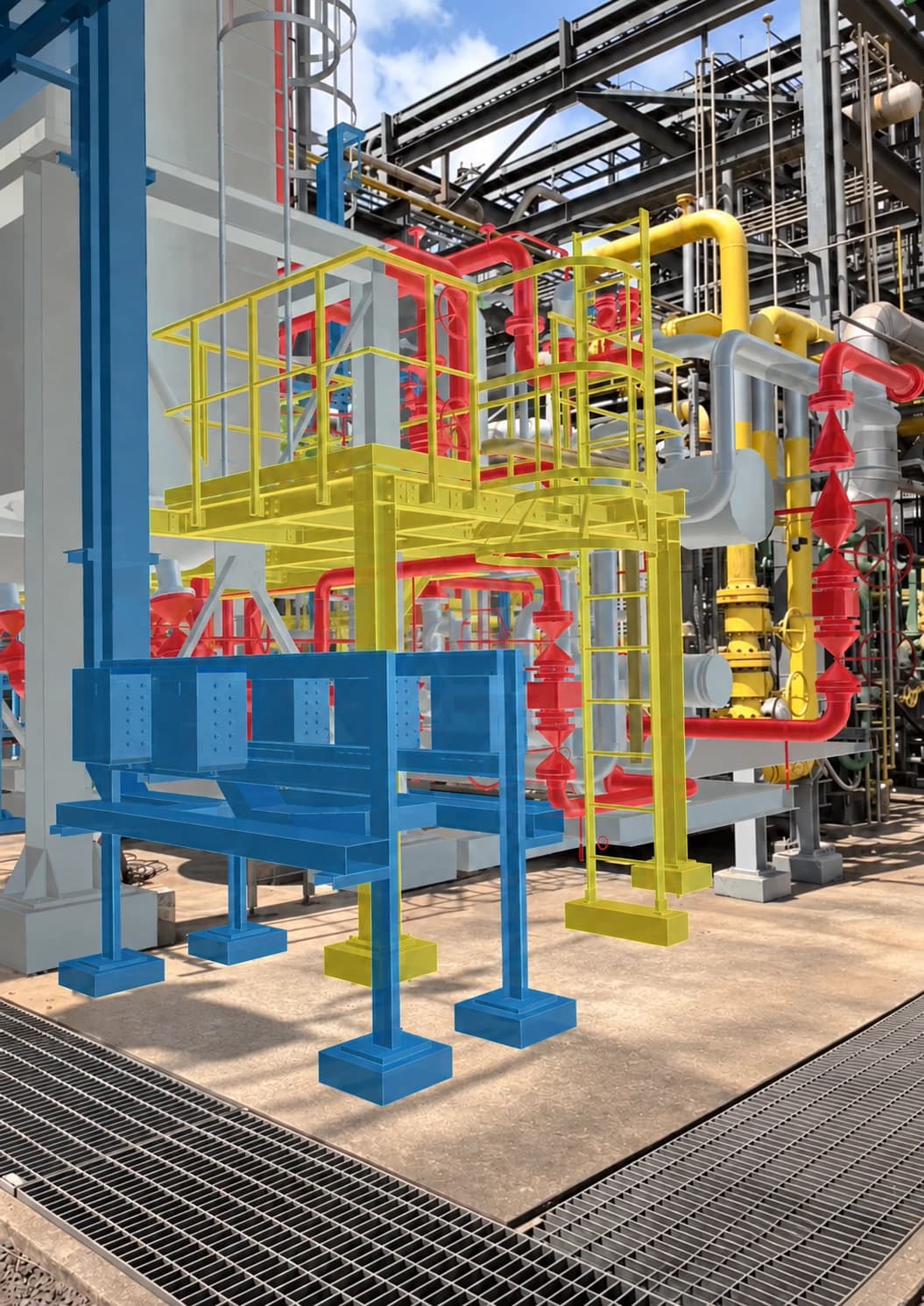 Modelo 3D de plataforma, estruturas metálicas e tubulações sobreposto em Realidade Aumentada a uma planta industrial existente